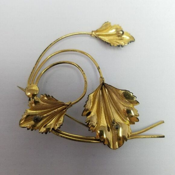 Vintage Sterling Silver Gold Plated Spiral Leaf Design Brooch, Large Estate - Picture 6 of 8